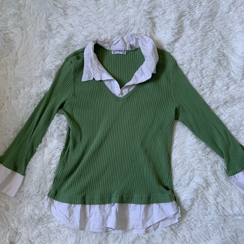 Green long sleeve with white collar.